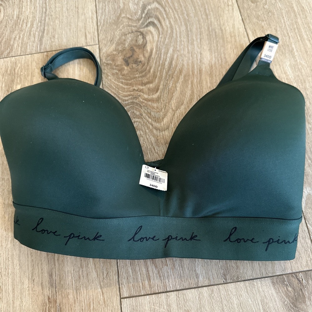 PINK Wireless Everyday‎ Bra Emerald Green Stretch Light Pad Lined Size 34DD NEW